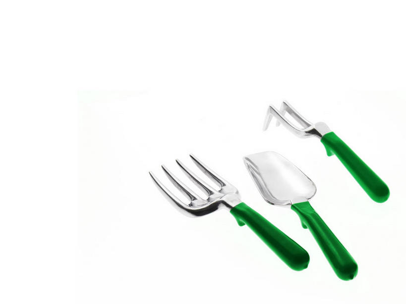 无人,横图,室内,特写,白天,白色背景,正面,静物,金属制品,金属,铲子,工具,三个,绿色,摄影,影棚,耙子,农具,耕具,彩图,影棚拍摄,拍摄,手铲