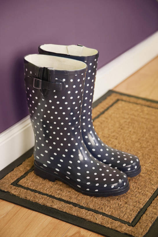 无人,竖图,俯视,室内,特写,白天,地板,静物,鞋子,一双,阴影,反射,影子,雨鞋,雨靴,墙,地面,靴子,木地板,墙壁,墙面,紫色,胶鞋,彩图,高角度拍摄