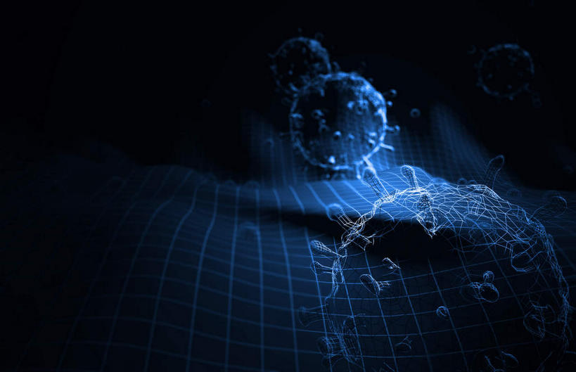 无人,横图,插画,室内,特写,白天,正面,数码,科技,微生物,阴影,黑色背景,网络,医学,高光,几何,计算机图形,合成,图画,画,蓝色,生物,电脑合成图,数码合成图,医疗,病毒,生物学,漫画,生理学,写实,具体,具象,寄生,甲型流感病毒,禽流感病毒,生命体,生物病毒,彩图