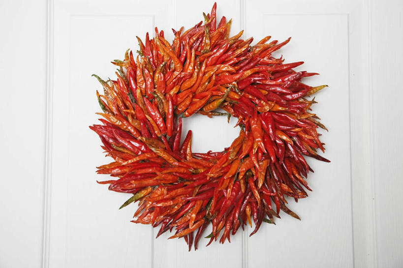 无人,横图,室内,特写,白天,白色背景,正面,门,辣椒,蔬菜,一堆,许多,吊挂,悬挂,堆叠,堆积,新鲜,圆环,圆圈,食品,挂,食物,一个,红色,门框,有机食品,绿色食品,单个,堆,环形,辣角,红海椒,大椒,辣虎,广椒,辣子,红辣椒,海椒,番椒,彩图