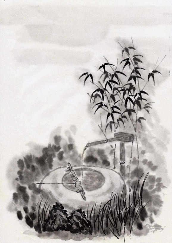 无人,竖图,黑白,室内,白天,正面,绘画,美景,树林,植物,竹子,许多,艺术,勺子,水井,景观,云,云朵,古典,云彩,文化,饮用水,树,树木,绿色,白云,天空,自然,工艺品,天,品味,景色,生长,长柄勺,晴朗,成长,美术,高雅,自然风光,国画,水墨画,美学,水墨,晴空