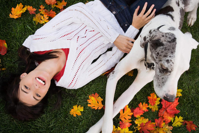 西方人,一个人,躺,笑,微笑,露齿笑,横图,俯视,室外,白天,草地,草坪,植物,宠物,狗,叶子,欧洲,欧洲人,仅一个年轻女性,仅一个女性,仅一个人,一条,服装,斑点,枯叶,落叶,黑点,注视,休闲装,草,衣服,绿色,动物,观察,看,休闲,休闲服,可爱,服饰,观看,察看,关注,忠诚,大丹犬,德国獒狗,德国藏獒,卧着,年轻女性,女人,女性,白种人,叶,叶片,犬,躺着,卧,半身,彩图,高角度拍摄