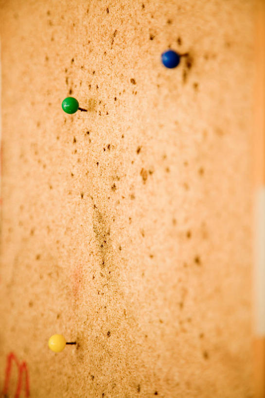 无人,竖图,室内,特写,白天,正面,生活用品,静物,墙,办公用品,墙壁,墙面,文具,三个,黄色,蓝色,绿色,学习用品,日用品,图钉,文具用品,彩图