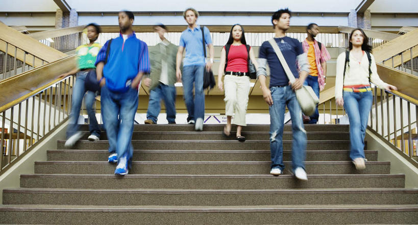 伙伴,朋友,学生,栏杆,笑,微笑,横图,室内,白天,仰视,友谊,楼梯,欧洲,黑人,欧洲人,亚洲,服装,朦胧,模糊,包,扶手,书包,阶梯,许多人,注视,休闲装,护栏,台阶,衣服,观察,看,一群人,放学,下课,休闲,同学,休闲服,服饰,观看,单肩包,察看,校友,关注,同窗,学友,友情,男人,男性,年轻男性,年轻女性,女人,女性,白种人,亚洲人,彩图,低角度拍摄,全身,双肩包