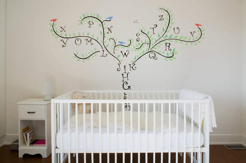 无人,横图,室内,白天,正面,绘画,安全,植物,床,地板,柜子,卧室,纺织品,艺术,装饰,英文,标志,毛毯,毯子,文字,字符,字母,墙,枝条,地面,文化,标识,木地板,壁画,墙壁,墙面,树,树木,树枝,纺织,一个,白色,橱柜,垫子,舒服,温暖,单人床,单个,婴儿用品,婴儿床,英文字母,保护,华丽,修饰,点缀,舒适,衬托,美观,雅致,雅观,婴儿房,虬枝,枝杈,画画,彩图,睡房,卧房