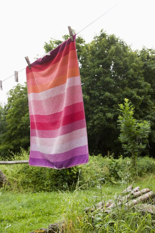 无人,竖图,室外,白天,正面,草地,草坪,树林,植物,一条,悬挂,条纹,布帘,云,云朵,云彩,草,树,树木,粉色,蓝色,绿色,白云,蓝天,天空,自然,天,生长,成长,彩图