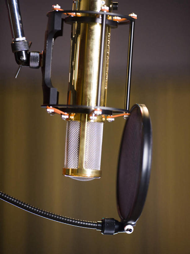 无人,竖图,室内,特写,白天,正面,静物,阴影,朦胧,模糊,反射,影子,墙,墙壁,墙面,一个,话筒,单个,录音棚,录音室,麦克风,扩音器,传声器,微音器,彩图