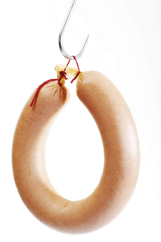 无人,竖图,室内,特写,白天,白色背景,正面,金属制品,吊挂,悬挂,阴影,反射,金属,钩子,影子,肉,香肠,挂,肉类,摄影,影棚,肉食,彩图,影棚拍摄,拍摄