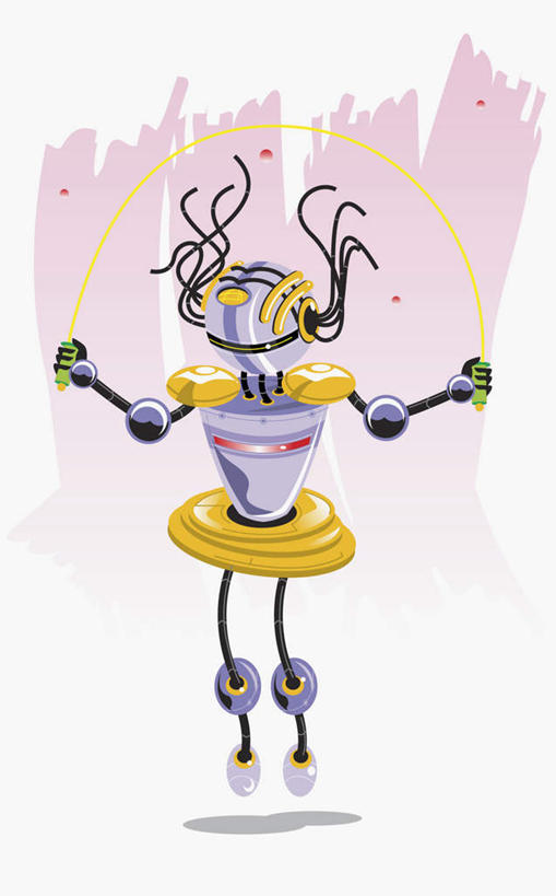 一个人,无人,跳,竖图,插画,室内,白天,白色背景,正面,机器,数码,高科技,科技,仅一个年轻女性,仅一个女性,仅一个人,握,阴影,科学,网络,半空,高光,几何,计算机图形,拿,合成,图画,拿着,注视,运动器械,画,绳子,观察,看,机械,健身器械,握着,观看,电脑合成图,数码合成图,察看,科学技术,合成图,机器人,关注,健身器材,漫画,写实,具体,具象,年轻女性,女人,女性,跳跃,彩图,全身,短绳,运动器材