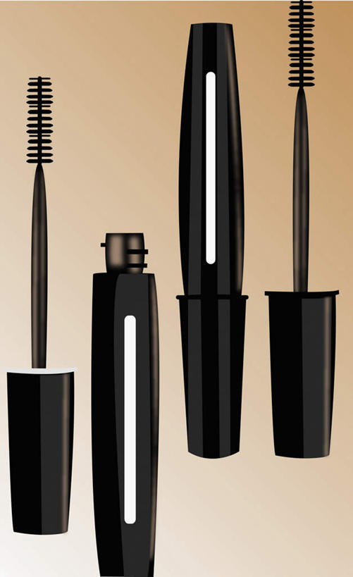 无人,竖图,插画,室内,特写,白天,正面,数码,科技,一排,阴影,黄色背景,整齐,网络,高光,几何,计算机图形,合成,图画,画,排列,化妆品,睫毛膏,两支,电脑合成图,数码合成图,合成图,化妆用品,队列,眼妆,漫画,写实,具体,具象,睫毛液,彩图
