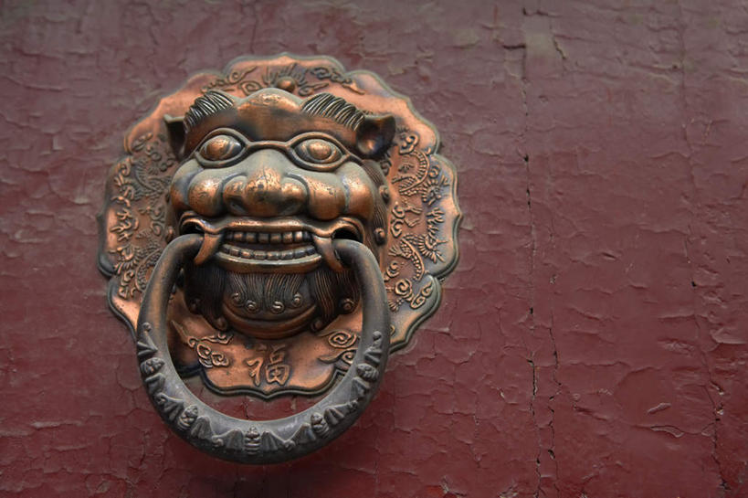 无人,横图,室外,正面,仰视,门,狮子,北京,中国,墙,传统,门框,摄影,部件,中国文化,东亚,东亚文化,彩图,低角度拍摄,插销