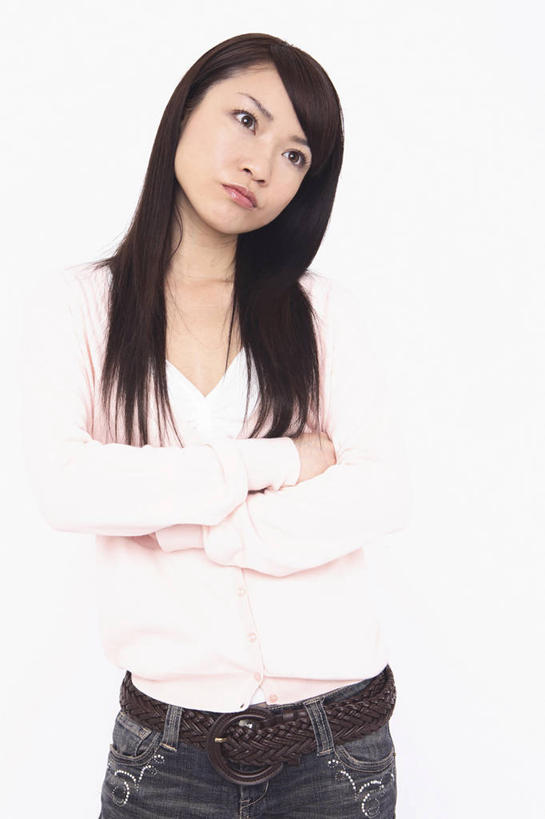 东方人,室内,白色背景,生活方式,灵感,肖像,担心,女人,亚洲人,年轻人,彩图,影棚拍摄