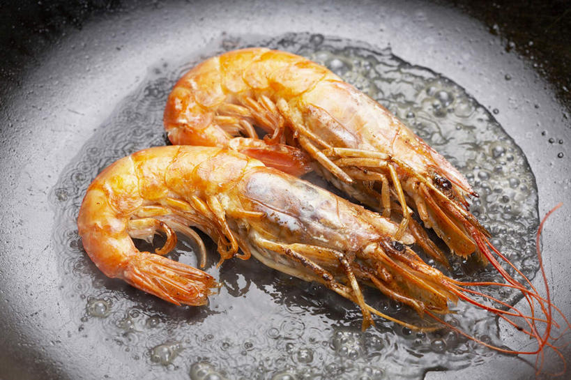 无人,横图,俯视,特写,准备,食用油,虾,油炸,食品,锅,饮食,两个,摄影,煎锅,清新,健康食物,海产,烹调,彩图,高角度拍摄