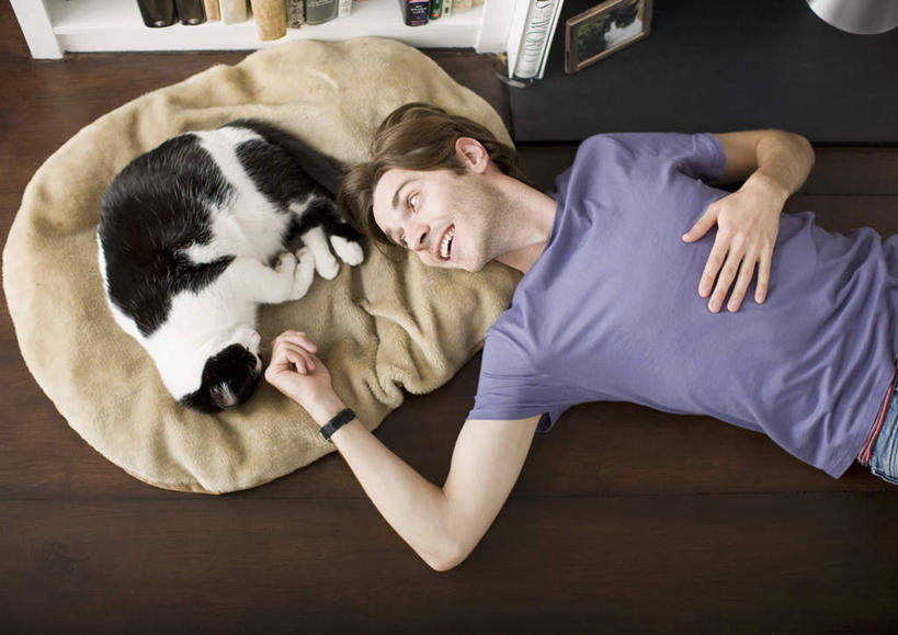 西方人,一个人,躺,笑,摸,微笑,露齿笑,横图,俯视,室内,白天,地板,靠垫,宠物,猫,欧洲,欧洲人,仅一个男性,仅一个人,仅一个中年男性,抚摸,阴影,服装,反射,影子,靠枕,地面,注视,休闲装,木地板,一只,衣服,动物,垫子,枕头,观察,看,休闲,休闲服,可爱,服饰,观看,察看,关注,猫咪,卧着,男人,男性,中年男性,白种人,触摸,接触,躺着,卧,半身,彩图,高角度拍摄