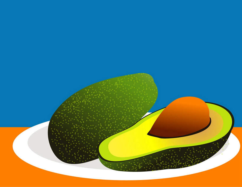 无人,横图,插画,室内,白天,正面,数码,科技,餐桌,桌子,餐具,水果,切开,阴影,蓝色背景,新鲜,网络,碟子,盘,生食,食品,果实,半个,高光,几何,计算机图形,合成,图画,画,食物,盘子,碟,酪梨,切,一半,鳄梨,有机食品,绿色食品,餐台,油梨,电脑合成图,数码合成图,漫画,剖面,切面,樟梨,写实,具体,具象,牛油果,彩图