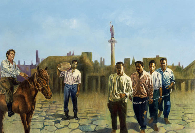 西方人,无人,伙伴,朋友,家,站,坐,横图,室内,白天,正面,绘画,友谊,马,野生动物,油画,欧洲,非洲,黑人,欧洲人,一排,牵,服装,艺术,整齐,缝隙,裂缝,房屋,墙,屋子,泥土,土壤,许多人,古典,注视,文化,楼房,墙壁,墙面,住宅,排列,衣服,蓝色,蓝天,天空,动物,绳子,工艺品,天,观察,看,品味,站着,一群人,运输,服饰,牲畜,晴朗,观看,牵着,绳索,美术,察看,高雅,衣着,穿着,队列,关注,漏洞,万里无云,美学,衣饰,友情,男人,男性,年轻男性,非洲人,晴空,晴空万里,站立,坐着,彩图,全身,房子