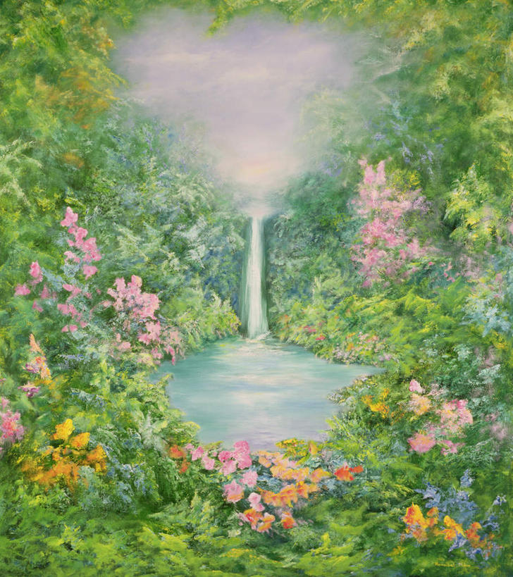 无人,竖图,室内,白天,正面,爱情,绘画,草地,草坪,花海,花圃,河流,美景,瀑布,水,植物,叶子,油画,飞溅,爱心,神话,艺术,盛开,溅,液体,河水,景观,水滴,水流,古典,浪漫,花蕾,文化,水珠,草,花,花瓣,花朵,花卉,鲜花,树,树木,蓝色,绿色,蓝天,天空,小溪,自然,工艺品,花丛,花束,花田,天,溪水,花苞,花蕊,品味,温暖,温馨,心形,景色,恩爱,生长,晴朗,成长,美术,和睦,高雅,喷洒,自然风光,传说,希腊神话,万里无云,美学,乐园,伊甸园,乐土,心型,跌水,晴空,晴空万里,彩图,融洽