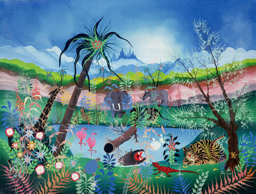 无人,站,横图,室内,白天,正面,绘画,花海,花圃,河流,水,植物,哺乳动物,河马,野生动物,叶子,油画,一群,许多,神话,艺术,盛开,红鹤,火烈鸟,河水,水流,很多,古典,花蕾,注视,文化,花,花瓣,花朵,花卉,鲜花,树,树木,蓝色,绿色,蓝天,天空,自然,动物,工艺品,花丛,花束,花田,天,花苞,花蕊,观察,看,品味,站着,生长,晴朗,成长,观看,美术,察看,高雅,关注,传说,凶猛,希腊神话,万里无云,美学,乐园,伊甸园,乐土,残暴,凶残,晴空,晴空万里,犀牛,站立,彩图,全身