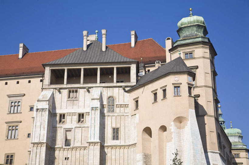 无人,横图,室外,白天,仰视,旅游,度假,植物,标志建筑,地标,建筑,欧洲,波兰,阴影,光线,影子,堡垒,城堡,建筑群,娱乐,建设,树,树木,蓝色,绿色,蓝天,天空,阳光,自然,天,享受,休闲,旅游胜地,放松,生长,晴朗,成长,要塞,中欧,万里无云,波兰共和国,克拉科夫,设防,克拉科夫省,晴空,晴空万里,彩图,低角度拍摄