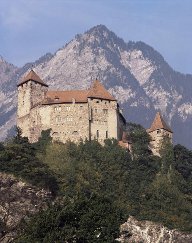 无人,竖图,室外,白天,仰视,旅游,度假,石头,名胜古迹,森林,山,山脉,树林,植物,标志建筑,地标,建筑,欧洲,列支敦士登,阴影,遗迹,光线,石子,影子,堡垒,城堡,山峰,山峦,古迹,文物,娱乐,建设,古建筑,树,树木,蓝色,绿色,蓝天,天空,阳光,自然,群山,天,享受,休闲,旅游胜地,放松,生长,晴朗,成长,要塞,古文明,万里无云,列支敦士登公国,设防,瓦杜兹城堡,石块,岩石,晴空,晴空万里,彩图,低角度拍摄