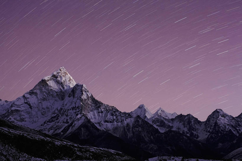 无人,横图,室外,夜晚,运动模糊,山,山脉,雪,尼泊尔,亚洲,冰,山顶,星星,紫色,黄昏,摄影,喜马拉雅山脉,岩石,爬山,彩图,旅行