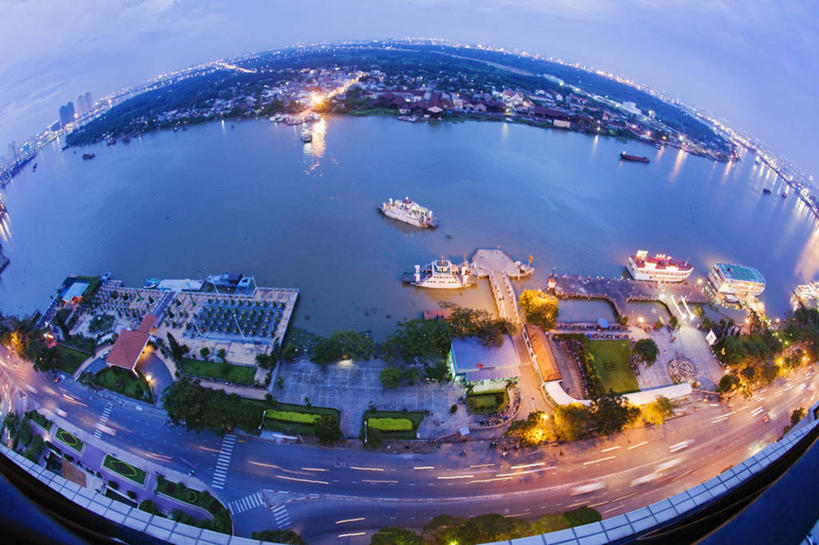 无人,横图,俯视,室外,夜晚,鱼眼镜头,越南,地形,黄昏,运输,摄影,照亮,胡志明市,彩图,高角度拍摄,旅行