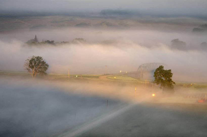 无人,农场,横图,室外,白天,雾,美国,田地,桥,天气,摄影,气象学,彩图,爱荷华