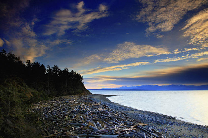 无人,横图,室外,白天,海洋,日落,美国,悬崖,天空,摄影,宁静,圆木,华盛顿州,普吉特海湾,海岬,彩图,阿德默勒尔蒂湾