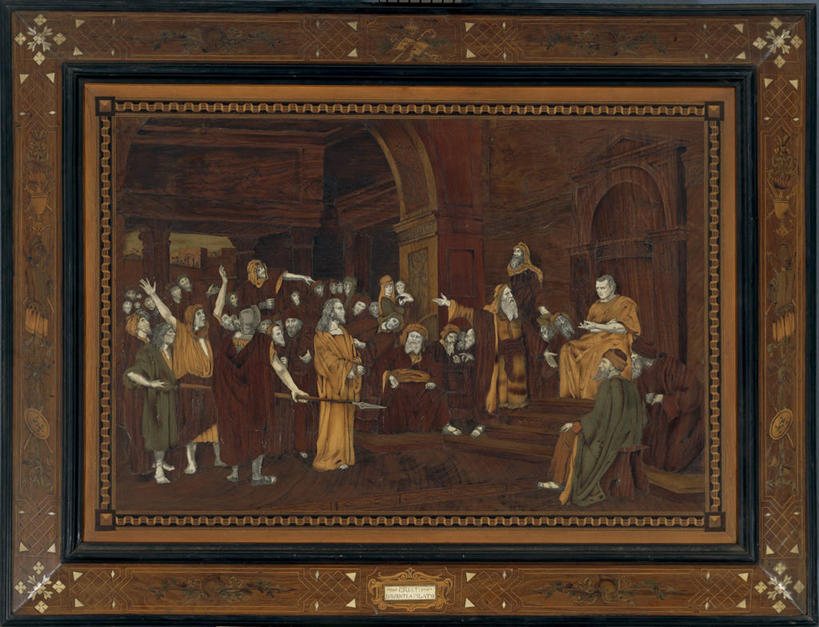 成年人,站,坐,横图,室内,相框,木制,长袍,拱门,许多人,一群人,摄影,宗教,基督,基督教,天主教,耶稣,矛,救世主,基利斯督,弥赛亚,默西亚,美术工艺,判断,彩图,过去