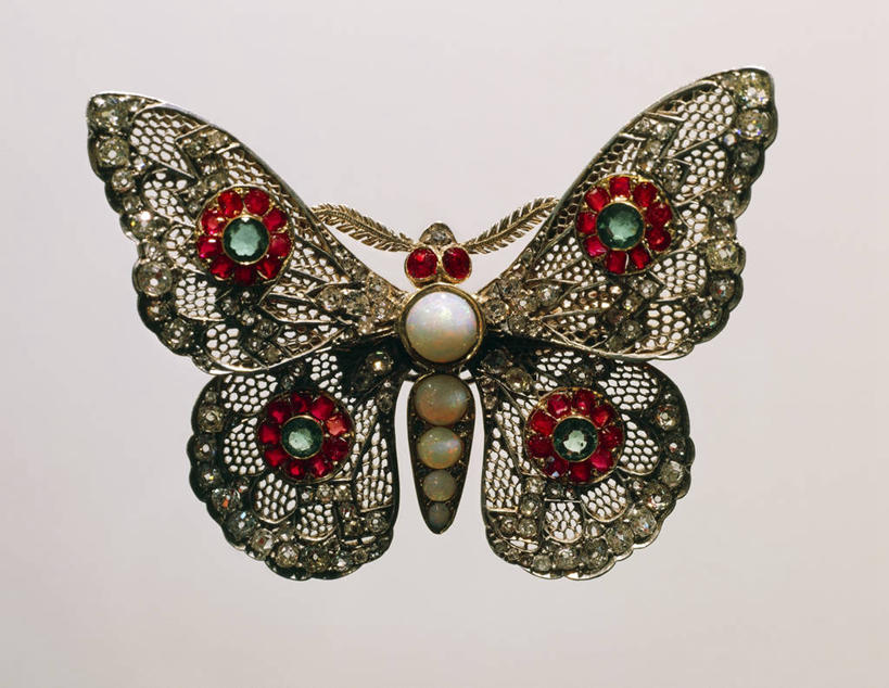 无人,横图,特写,蝴蝶,珠宝,灰色背景,珍珠,一个,灰色,摄影,单个,胸针,宝石,美术工艺,彩图,影棚拍摄