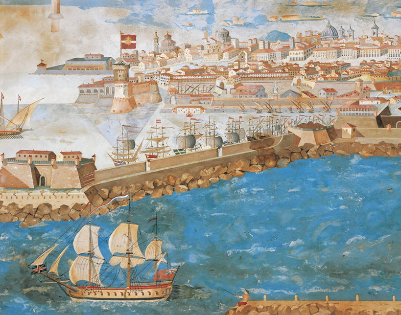 帆船,无人,横图,俯视,室外,白天,绘画,海洋,建筑,船,意大利,艺术,海岸线,古典,历史,文化,城墙,工艺品,交通工具,品味,运输,摄影,美术,高雅,载具,托斯卡纳区,美学,彩图,高角度拍摄,海港,利禾奴