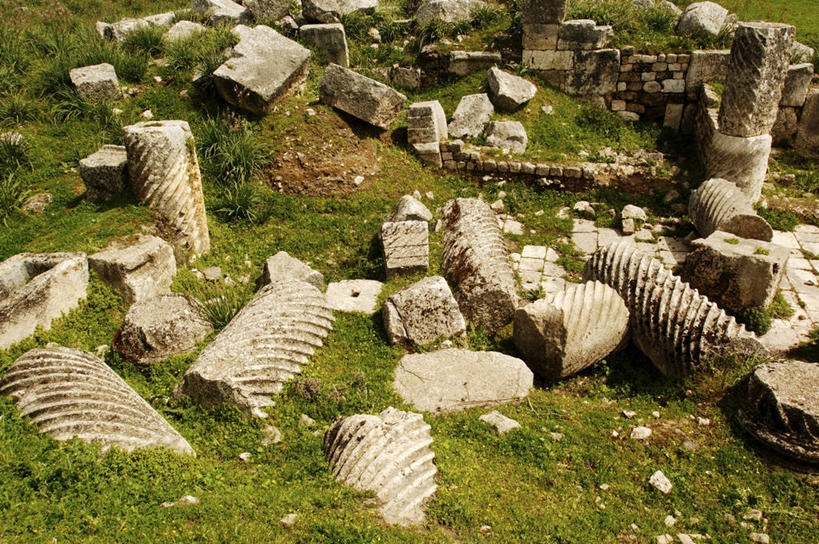 太阳穴,无人,横图,俯视,室外,白天,叙利亚,亚洲,柱子,历史,破坏,古罗马,破损,废墟,草,摄影,宗教,损坏,考古学,中东,宗教建筑,要塞,地中海文化,古典风格,古代文明,古代史,彩图,高角度拍摄,旅行,阿帕米亚,过去