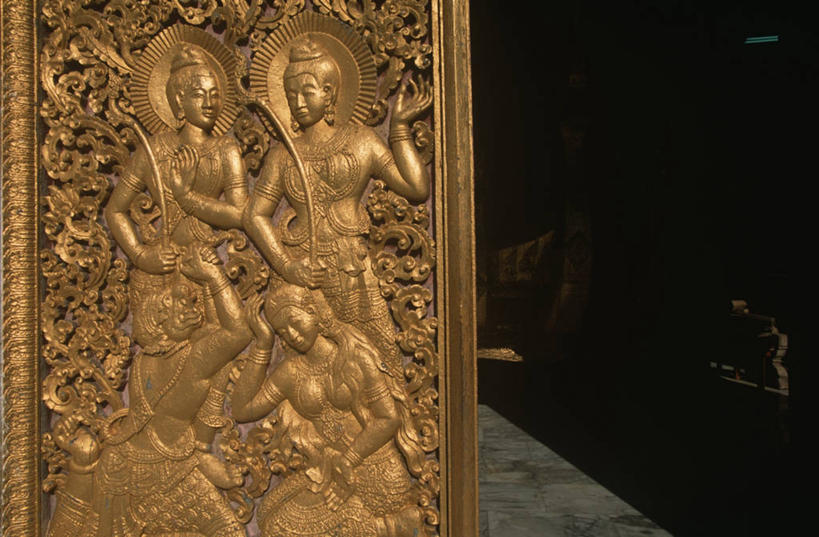 无人,横图,室外,特写,白天,门,老挝,装饰,门口,黄金,摄影,宗教,佛教,部分,复杂,琅勃拉邦,印度支那,香通寺,彩图