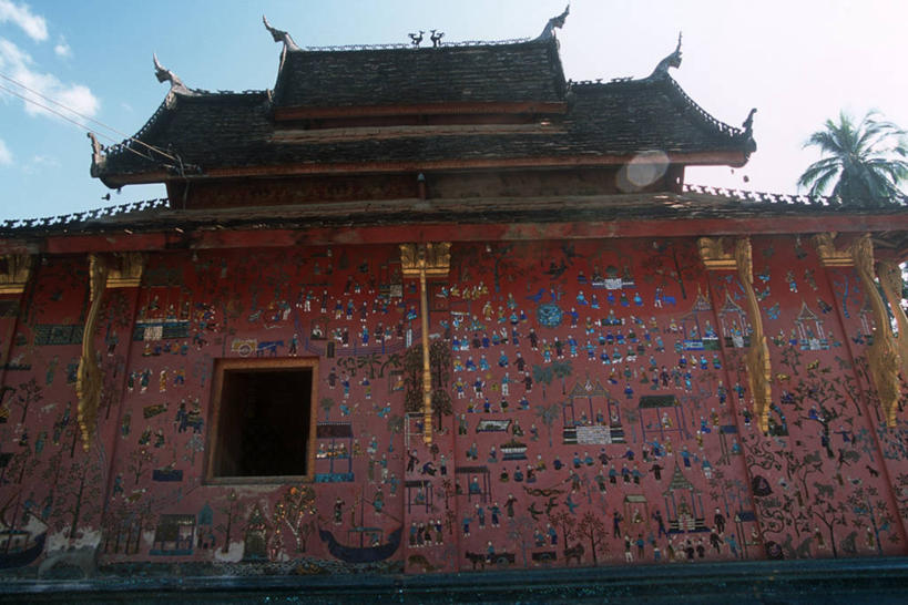 无人,横图,室外,白天,绘画,建筑,棕榈树,老挝,艺术,装饰,古典,文化,壁画,树,工艺品,品味,摄影,宗教,佛教,美术,高雅,琅勃拉邦,美学,印度支那,香通寺,彩图