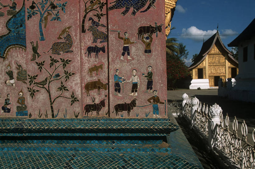 无人,横图,室外,白天,绘画,建筑,老挝,艺术,装饰,古典,文化,壁画,工艺品,品味,摄影,宗教,佛教,部分,美术,高雅,琅勃拉邦,美学,印度支那,美术工艺,香通寺,彩图