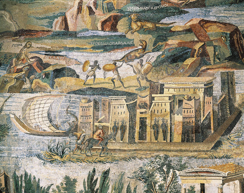 帆船,横图,俯视,室外,白天,河流,建筑,船,马,尼罗河,士兵,花纹,标志,符号,图案,历史,标识,古罗马,树,古代,交通工具,恐龙,航海,武士,载具,打斗,性别符号,古埃及文明,古代文明,美术工艺,彩图,高角度拍摄,男性符号,过去