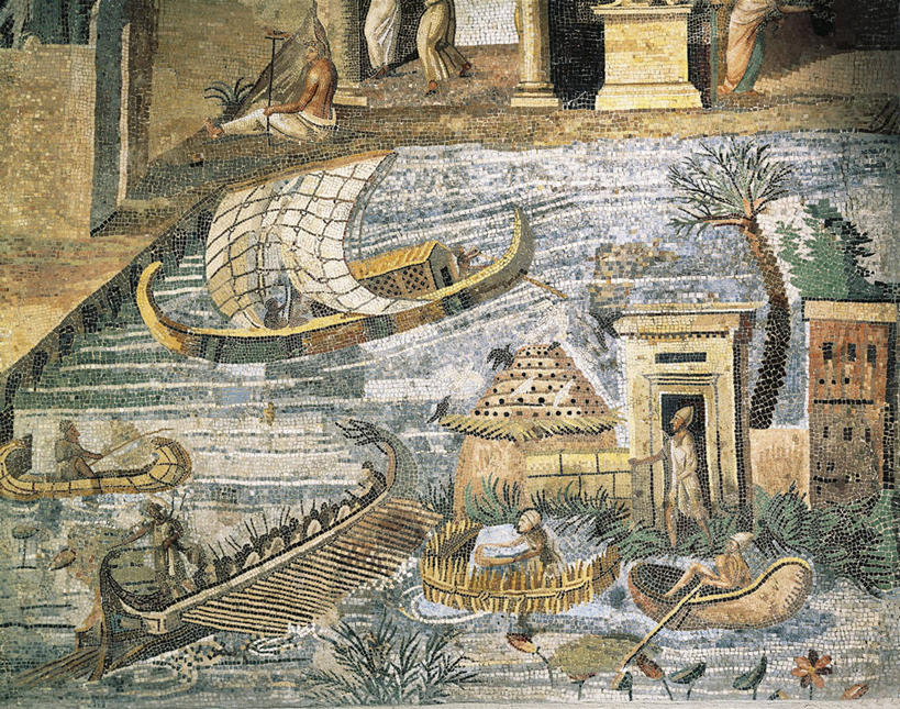 帆船,横图,俯视,室外,白天,河流,建筑,船,尼罗河,士兵,花纹,标志,符号,图案,历史,标识,古罗马,树,古代,交通工具,航海,武士,载具,性别符号,古埃及文明,古代文明,美术工艺,彩图,高角度拍摄,男性符号,过去