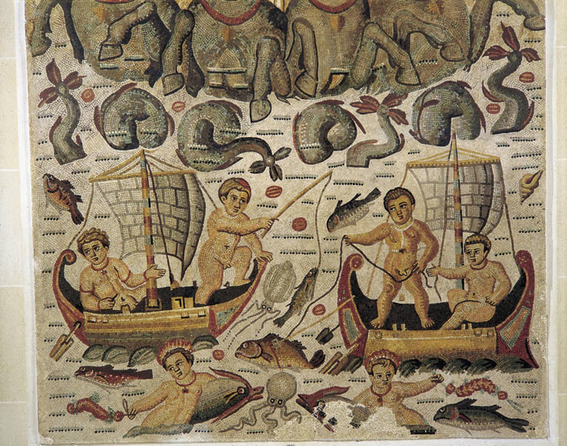 成年人,横图,室内,成功,海洋,花纹,神话,图案,渔船,鱼类,古罗马,古代,摄影,美术工艺,钓竿,彩图,钓鱼