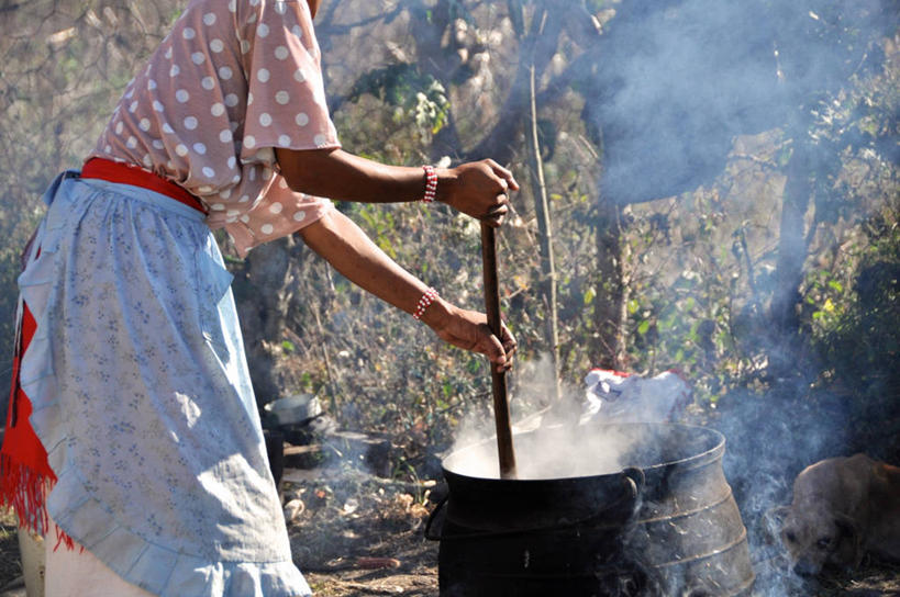 成年人,一个人,站,横图,室外,白天,侧面,衬衫,日光,南非,仅一个女性,准备,蒸汽,围裙,圆点,锅,饮食,饮料,摄影,灌木,贫穷,搅动,女人,彩图,传统文化