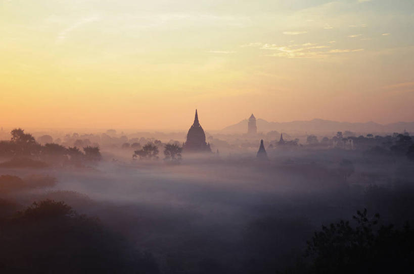 无人,横图,室外,日出,雾,建筑,缅甸,屋顶,尖顶,山谷,摄影,宁静,圆顶建筑,蒲甘,彩图