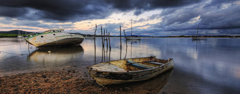 划艇,无人,横图,全景,室外,日出,船,澳大利亚,停靠,反射,乌云,天气,自然,运输,摄影,退潮,停泊,昆士兰州,彩图