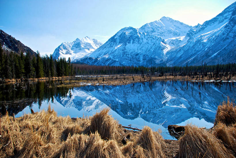 无人,横图,室外,白天,河流,美景,山脉,美国,反射,景观,干草,宏伟,树,风景,天空,自然,景色,摄影,宁静,自然风光,万里无云,安克雷奇,彩图