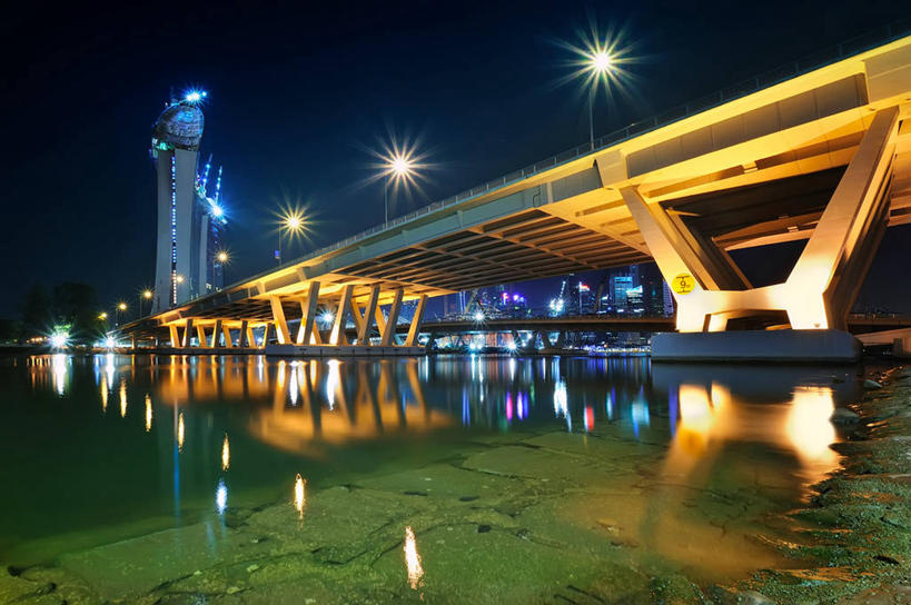 无人,横图,室外,夜晚,城市,建筑,新加坡,反射,桥,海湾,联系,运输,摄影,照亮,彩图,滨海湾金沙酒店