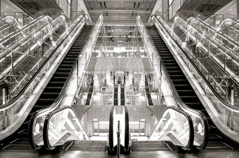 无人,横图,黑白,室内,白天,技术,东京,日本,反射,电动扶梯,首都,现代,摄影,便利