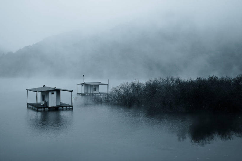 无人,横图,室外,渔业,河流,山,植物,雾,韩国,木制,天空,自然,黄昏,摄影,宁静,江原道,彩图