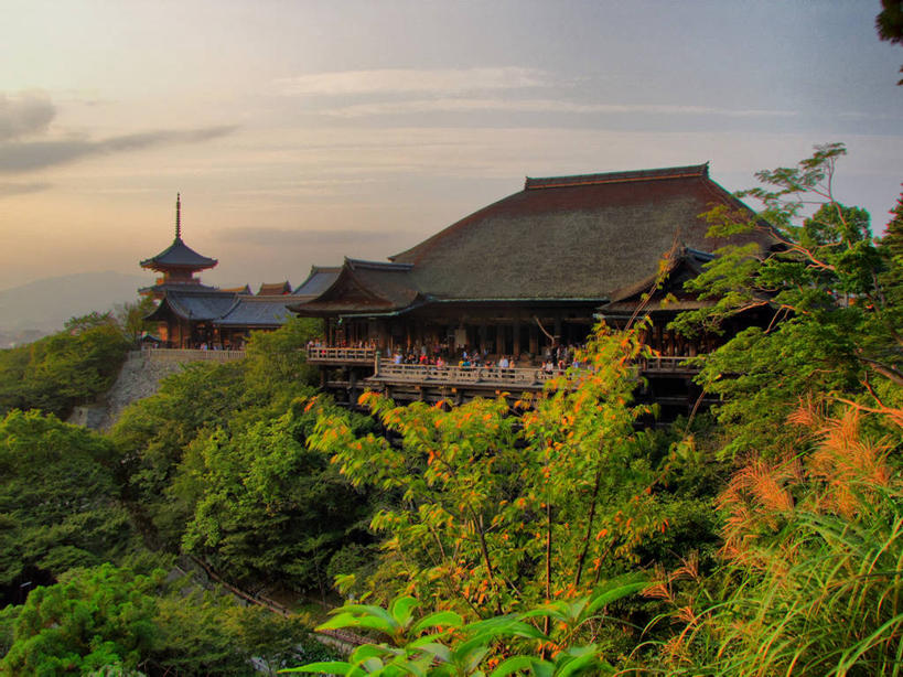 寺庙,横图,室外,旅游,植物,建筑,日本,日本文化,云,树,天空,自然,黄昏,摄影,宗教,京都府,宗教建筑,清水寺,彩图