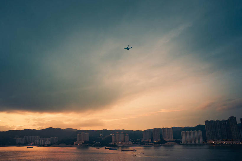 无人,横图,室外,度假,河流,美景,日落,天际线,城市风光,城市,飞机,香港,反射,景观,云,娱乐,飞,天空,享受,休闲,景色,放松,运输,摄影,彩图