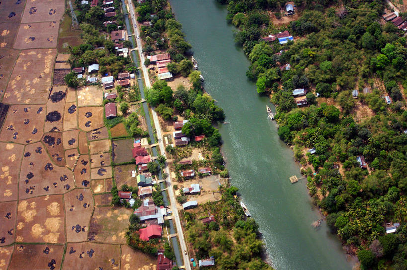 无人,农场,横图,俯视,航拍,室外,白天,河流,美景,印度尼西亚,房屋,河岸,景观,田地,乡村,树,自然,社区,景色,摄影,宁静,鸟瞰,自然风光,彩图,高角度拍摄,望加锡