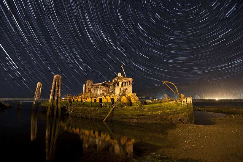 无人,横图,室外,夜晚,长时间曝光,海洋,船,美国,反射,星星,宏伟,自然,运输,摄影,俄勒冈州,天文学,失事,海滩,彩图