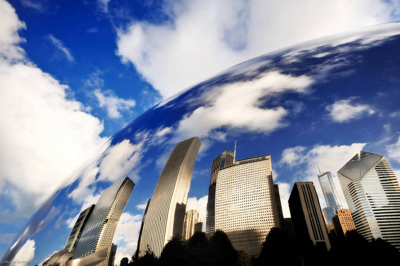 无人,横图,室外,白天,鱼眼镜头,度假,美景,天际线,城市风光,城市,建筑,摩天大楼,雕塑,美国,反射,景观,云,娱乐,享受,休闲,景色,放松,摄影,芝加哥市,芝加哥千禧公园,彩图